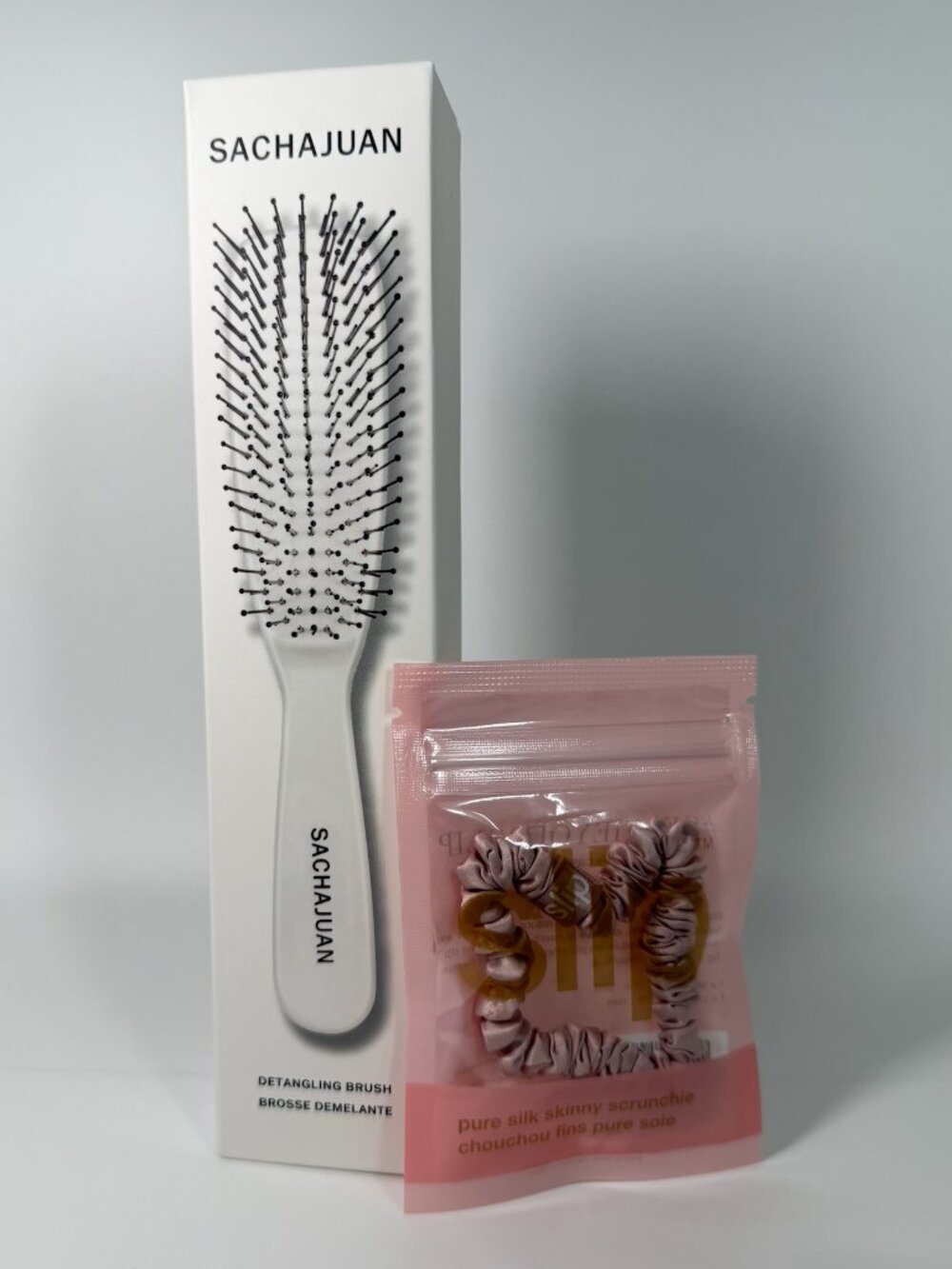 Slip Silk Pink Skinny Scrunchie + Sachajuan Detangling Brush Luxury Haircare Set